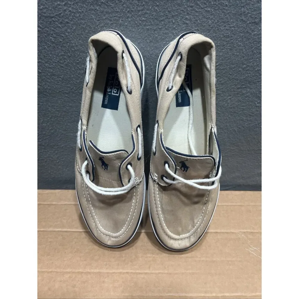 Polo Ralph Lauren Lander Boat Shoes Beige Canvas With Blue Pony Mens Size 12D